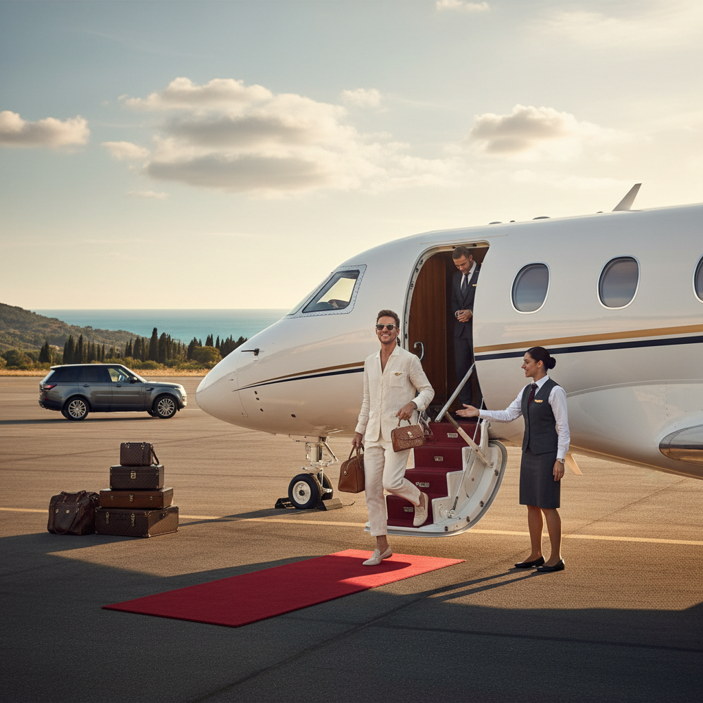 A traveler boarding a private jet with a welcoming crew, illustrating a luxurious travel experience.