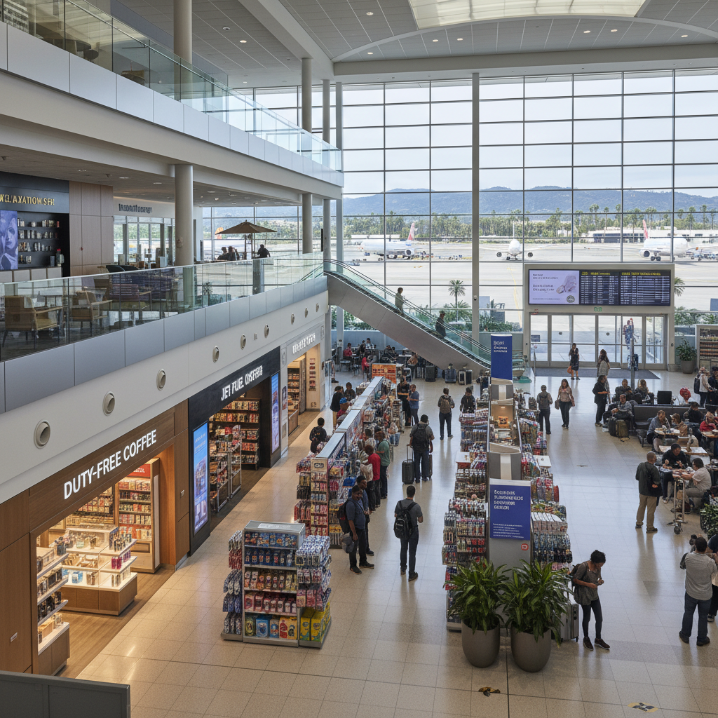 Impressive image of the Burbank airport terminal filled with comprehensive amenities like shops, dining options and passenger services