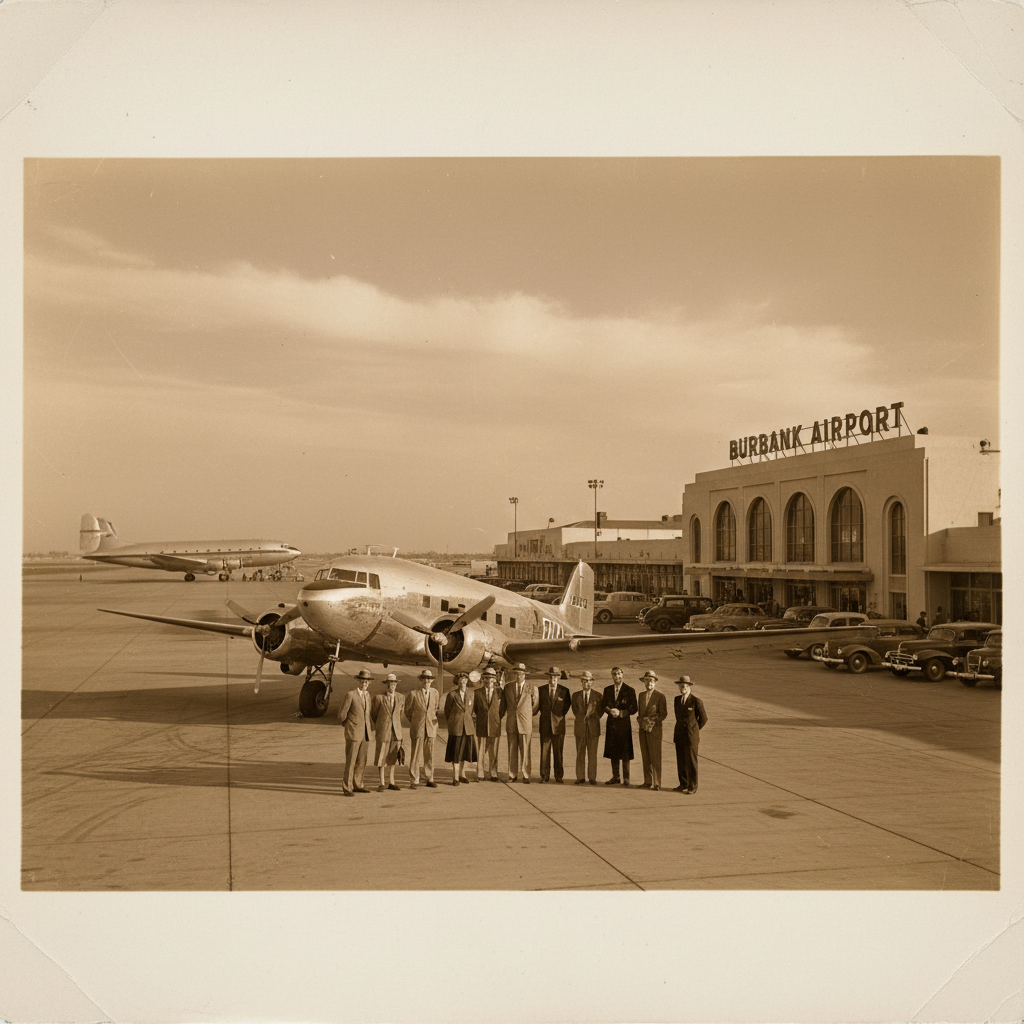 An endearing vintage shot of the Burbank airport showcasing the golden era of aviation