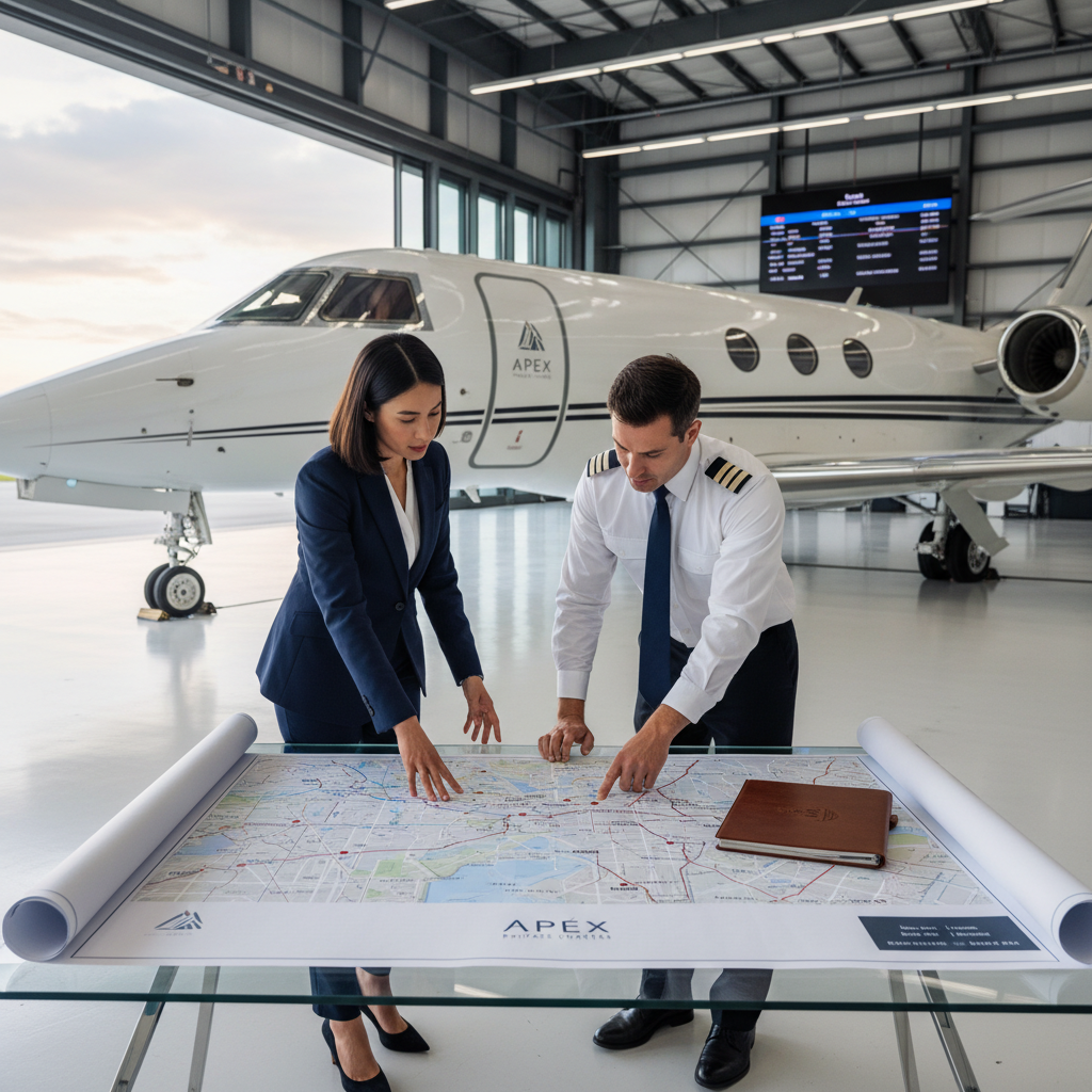 A scene showing a professional business executive reviewing a map and itinerary with a pilot inside a sleek and modern hangar. The focus should be on the interaction showcasing the customization and personalized attention available with business fly charters. The image should convey professionalism, trust, and attention to detail.