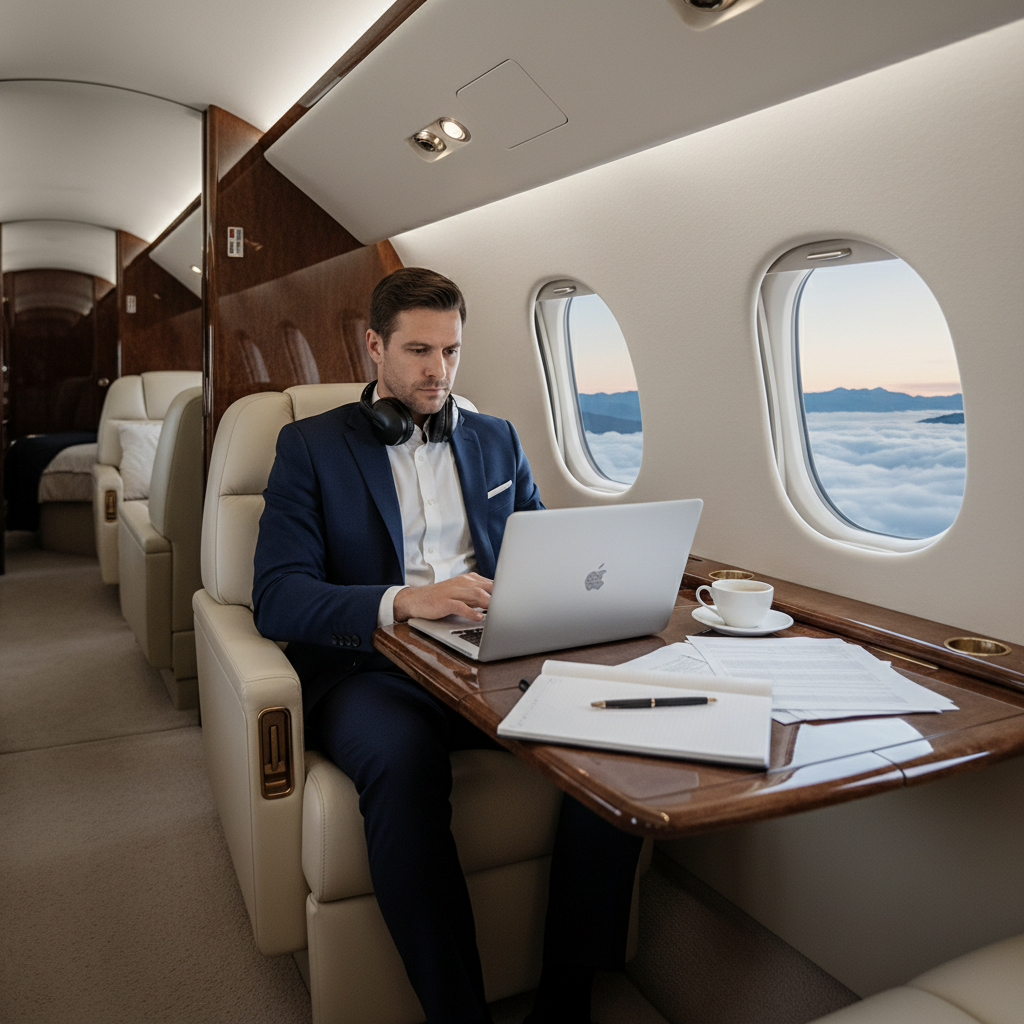 A business executive working on his laptop while traveling on a private jet, symbolizing productivity and privacy during travel.