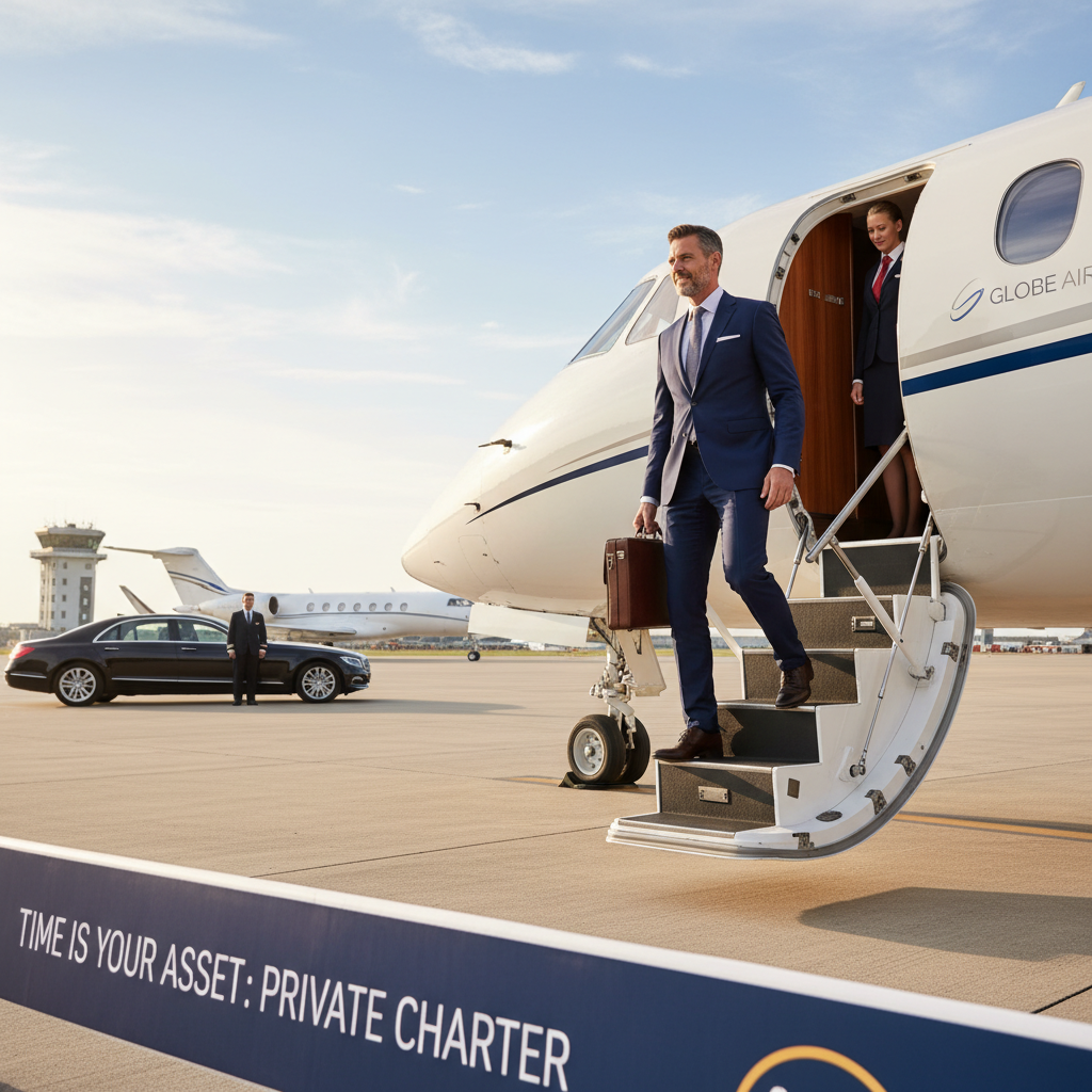 A business executive boarding a private charter jet. The individual is climbing the steps of the jet, briefcase in hand, showcasing the convenience and time-saving attributes of private aviation for business professionals.