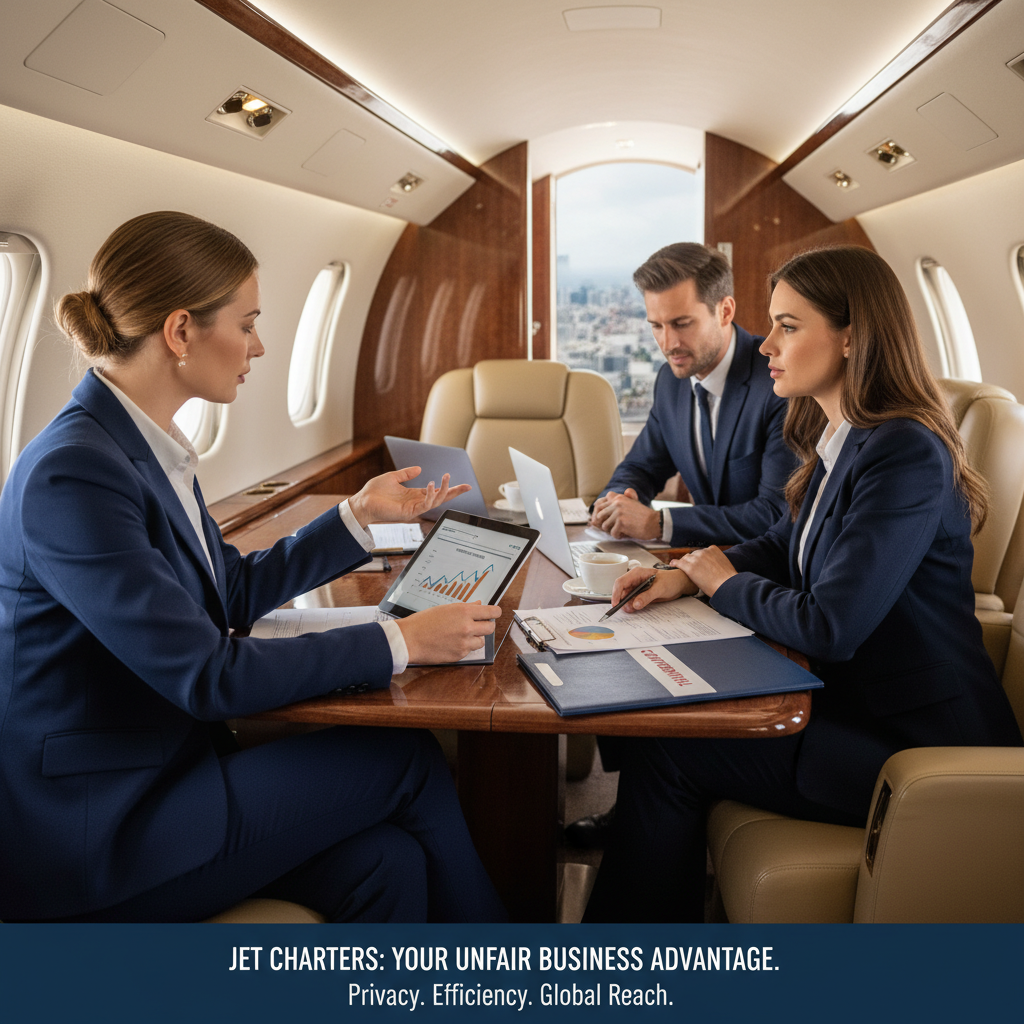 A busy executive conducting a confidential business meeting on a private jet, spotlighting the business advantage that jet charters offer.