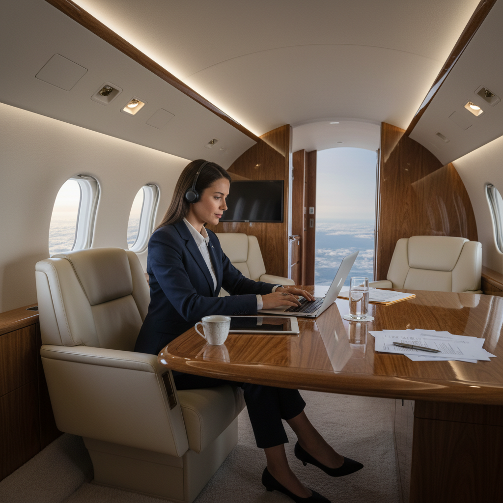 A business professional working in a private jet, reflecting the quiet, disturbance-free environment and improved productivity possible with a private jet charter
