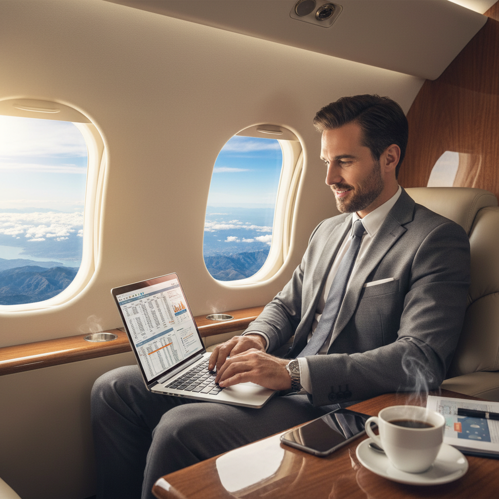 A business man working on his laptop inside a private jet while soaring in the sky, capturing the essence of productivity during travel