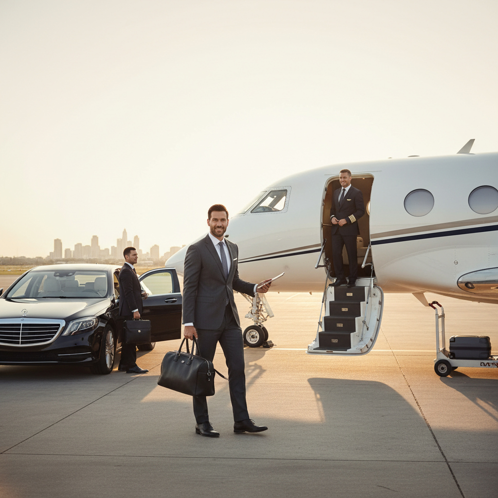 A businessman preparing for a flight on a private jet, demonstrating the convenience and efficiency of jet charter flights for frequent flyers, entrepreneurs, and executives.