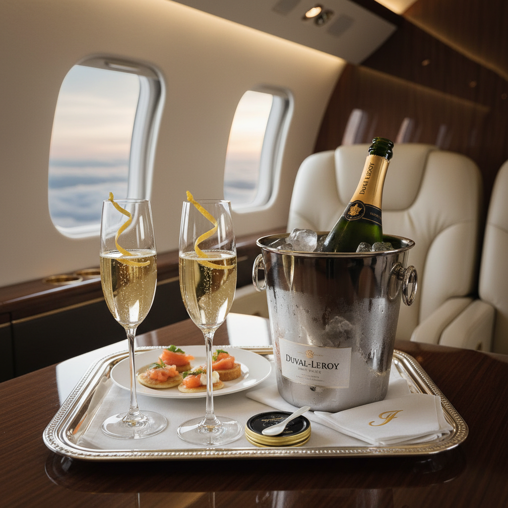 An executive relaxing in the spacious, luxuriously furnished cabin of a private jet mid-flight.