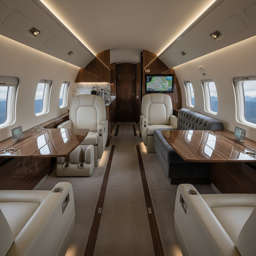 A high-end, spacious cabin interior of a private jet showing custom-crafted comfortable seats and modern amenities.