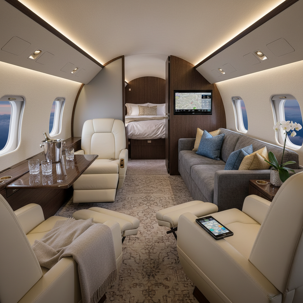 Interior shot of a luxurious private jet cabin, showcasing the level of comfort, privacy, and amenities such aircraft provide to their passengers.
