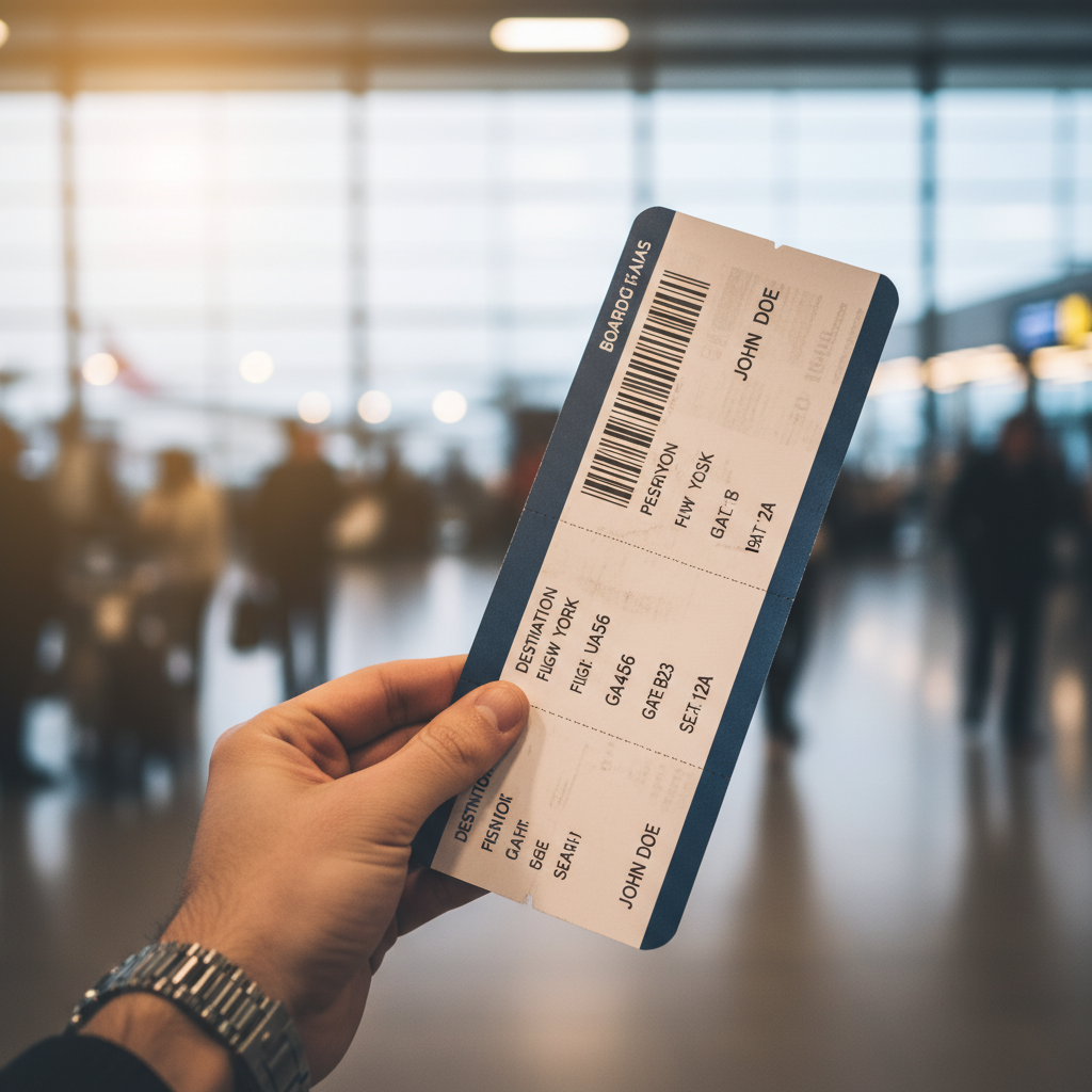 Close-up of a airplane ticket in someone's hand with a blurred airport terminal in the background