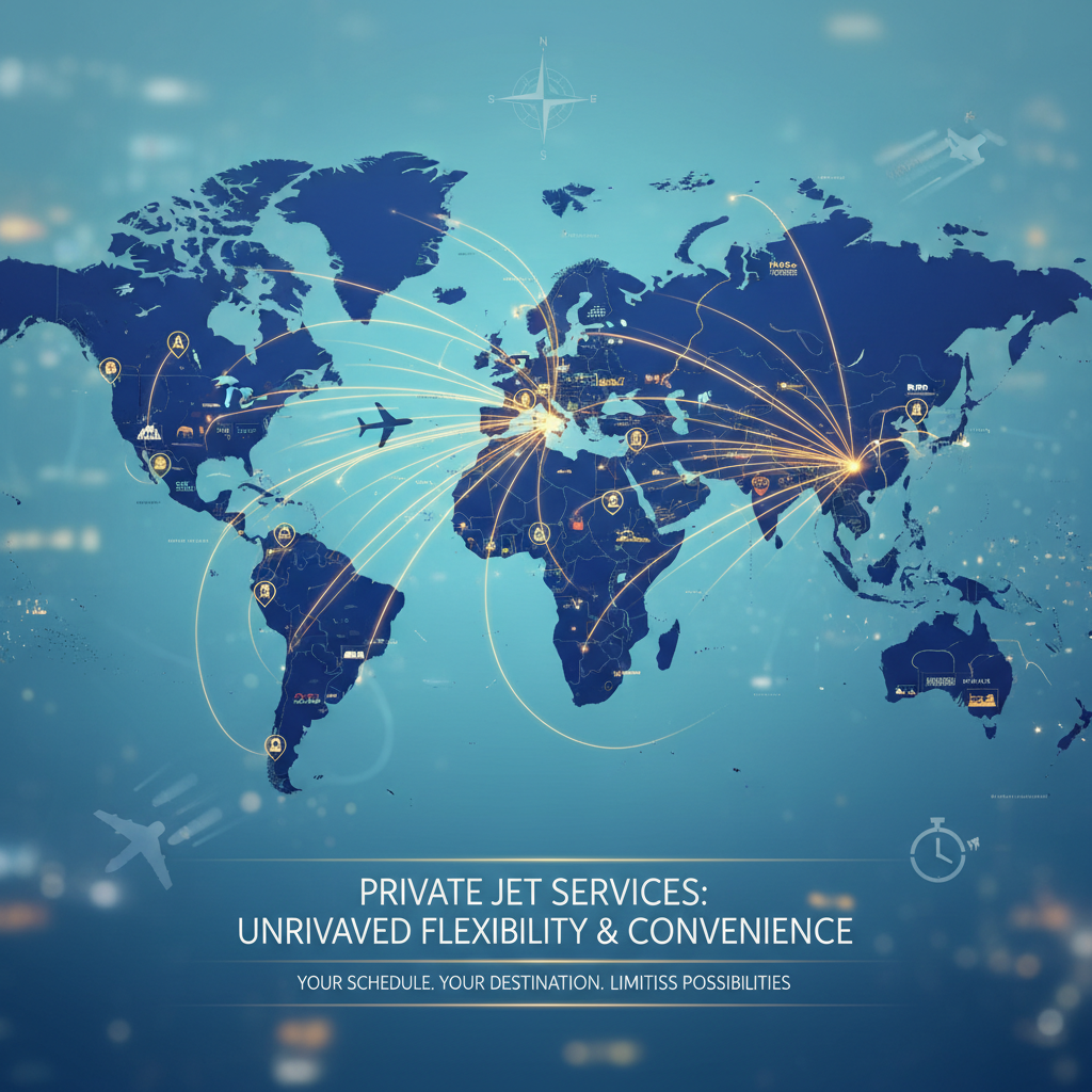 A world map with multiple destinations, highlighting the flexibility and convenience of private jet services