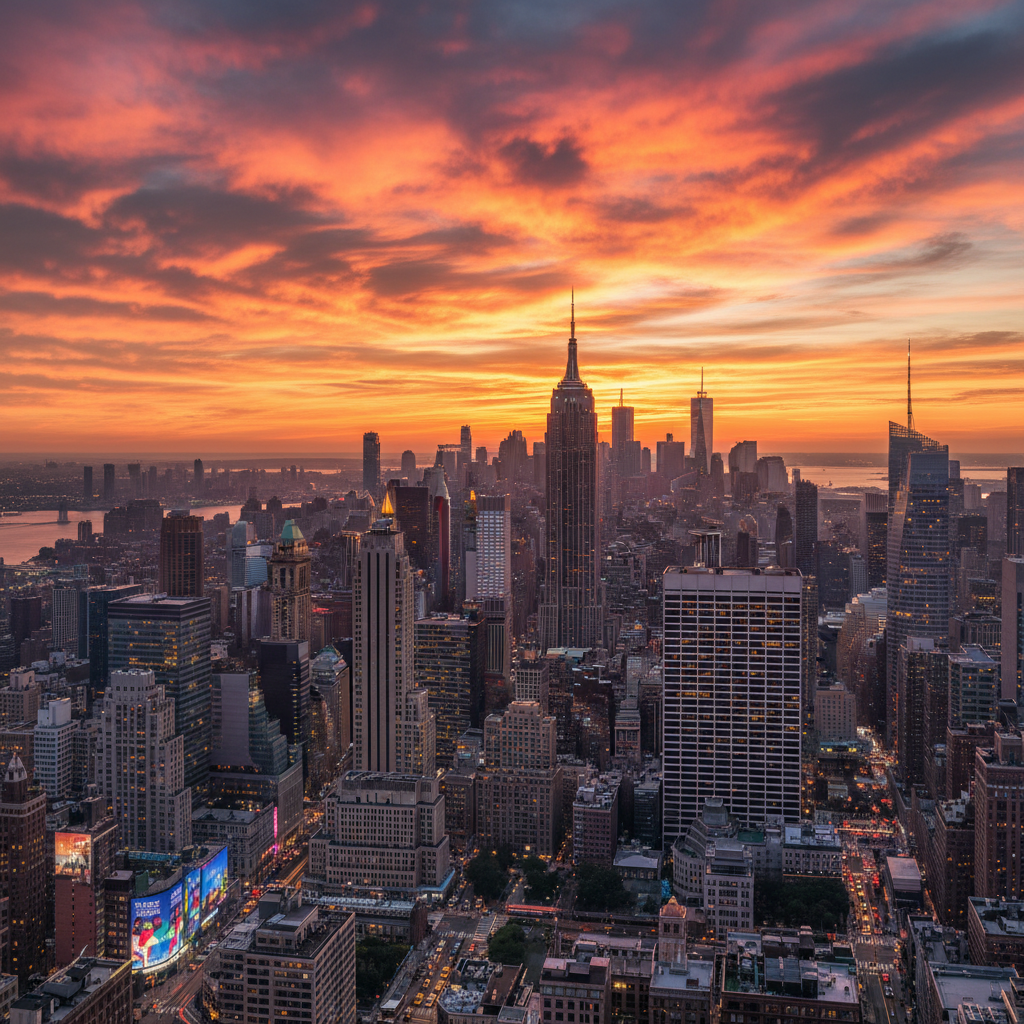 Colorful and busy New York City skyline with a stunning sunset in the background