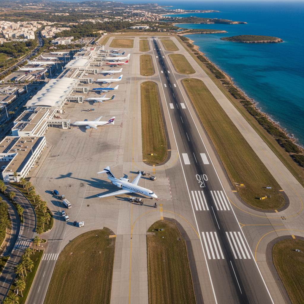 An aerial view of Ibiza airport, with a private jet visible on the runway