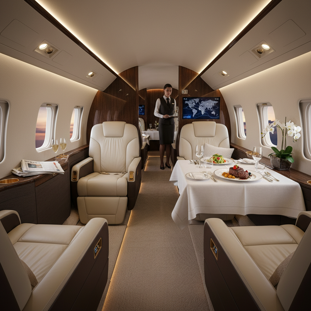 A high-end, beautifully decorated cabin of a private jet showcasing the remarkable level of comfort and luxury provided, such as spacious seats and gourmet meals.