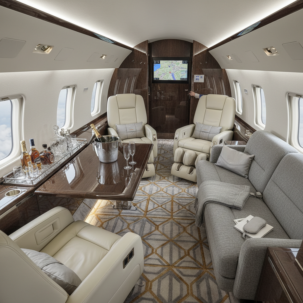 A luxurious and spacious interior of a private jet showing plush seating and all the amenities that make private jet travel luxurious and comfortable.