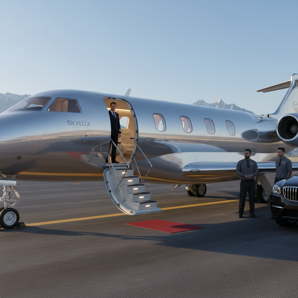 Luxurious and modern private jet parked on a runway, with an open door inviting the viewer to step inside.