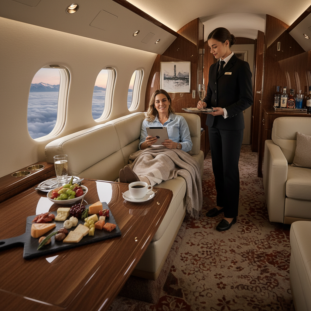 A traveler enjoying the supreme comfort and personalized services offered by private jet charter services, capturing the essence of luxurious air travel.