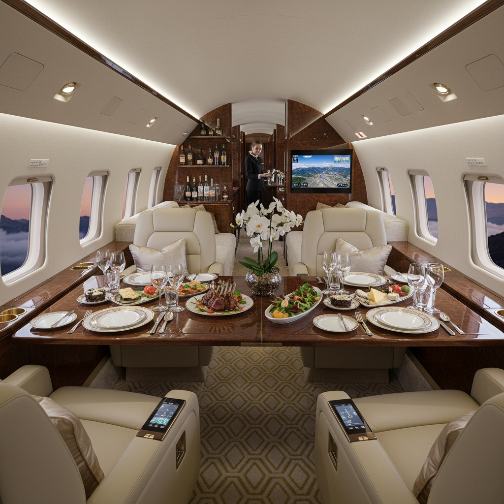 An opulent and well-equipped private jet interior with spacious seating arrangement and fine dining setup