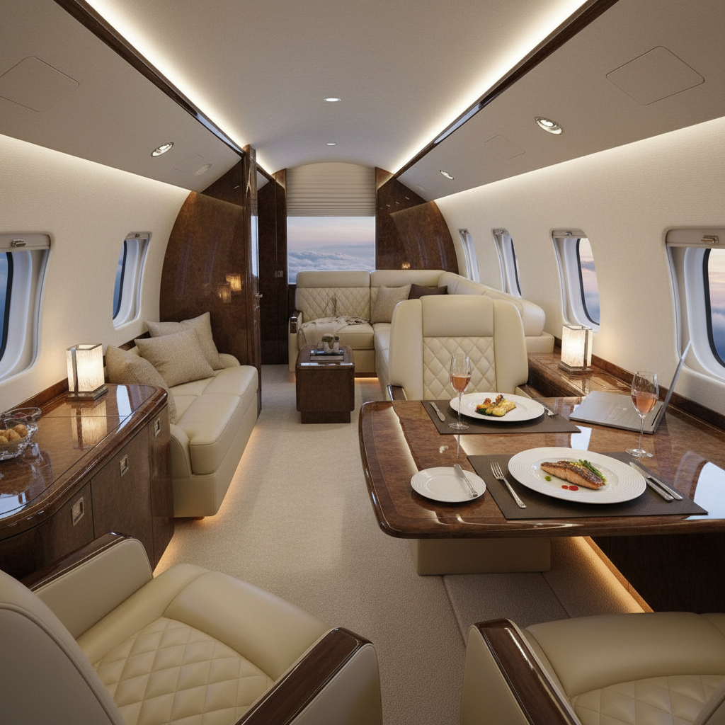 A luxurious private jet interior with spacious seating and elegant decor, capturing the essence of comfort and sophistication that business fly charters provide. The image should feature plush leather seats, ambient lighting, and personalized amenities such as a gourmet meal setup or an executive laptop on a table to emphasize convenience and customization.