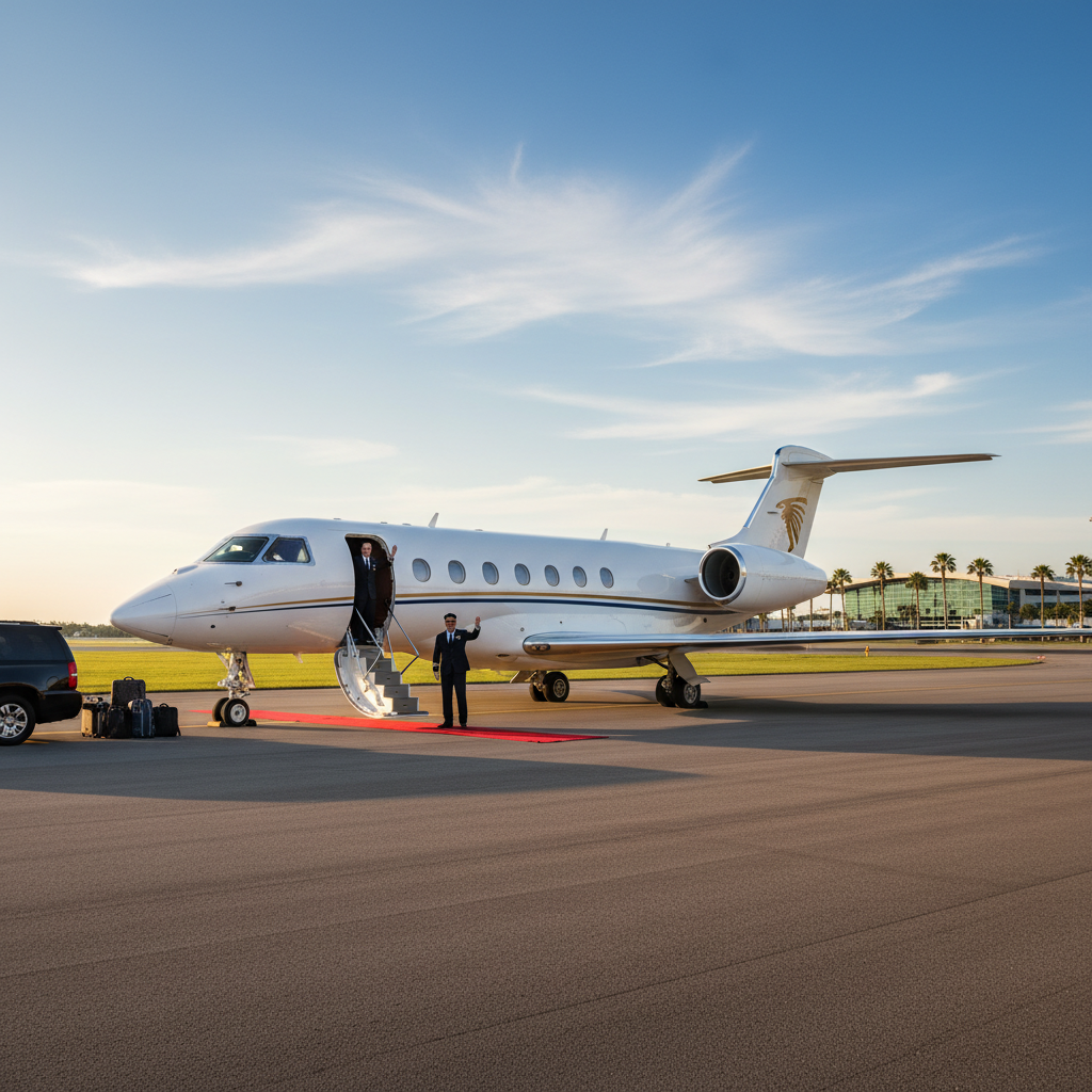 A luxurious private jet parked on a runway with blue sky in the background.