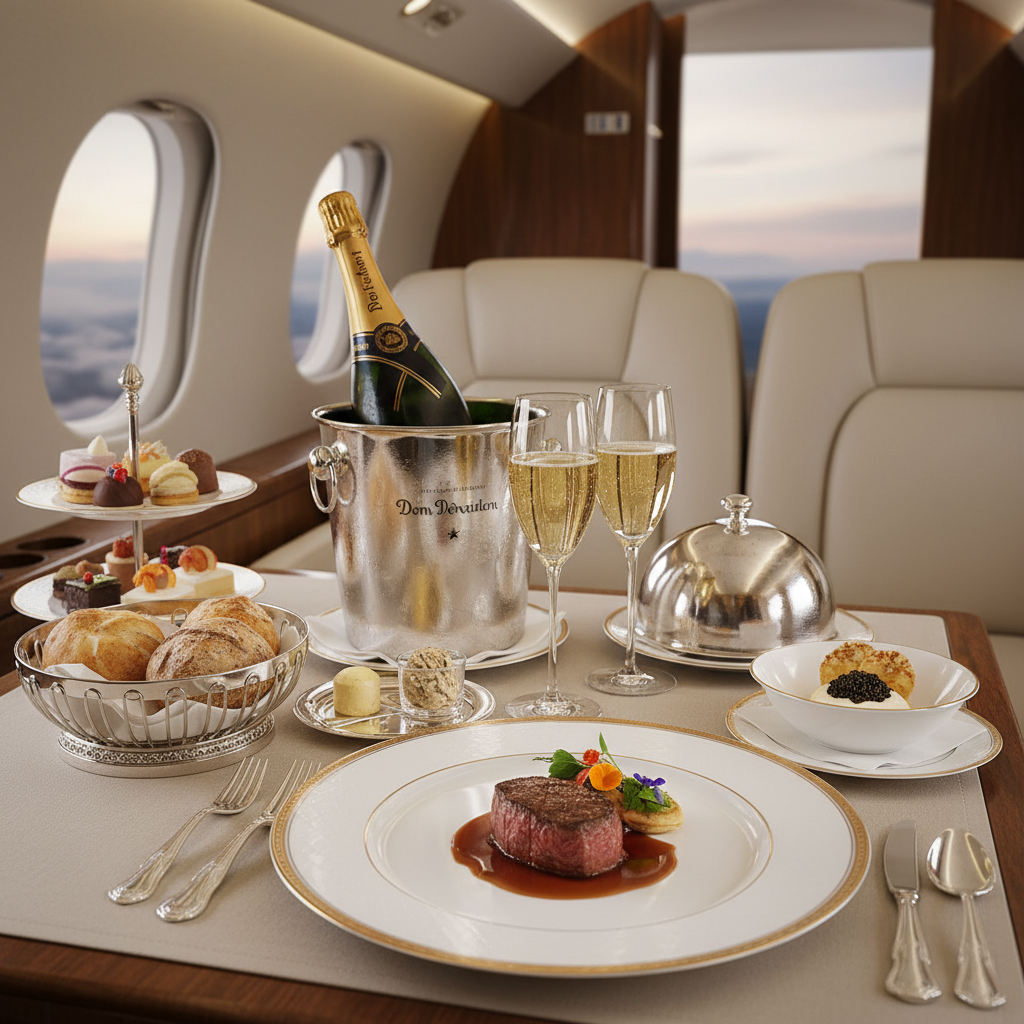 Close up of a fancy champagne and gourmet meal set up inside a private jet cabin