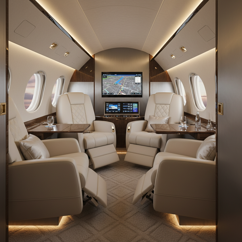 The interior of a luxury private jet showing plush reclining seats, elegant décor, and modern entertainment systems showcasing the comfort and luxury of private jet travel