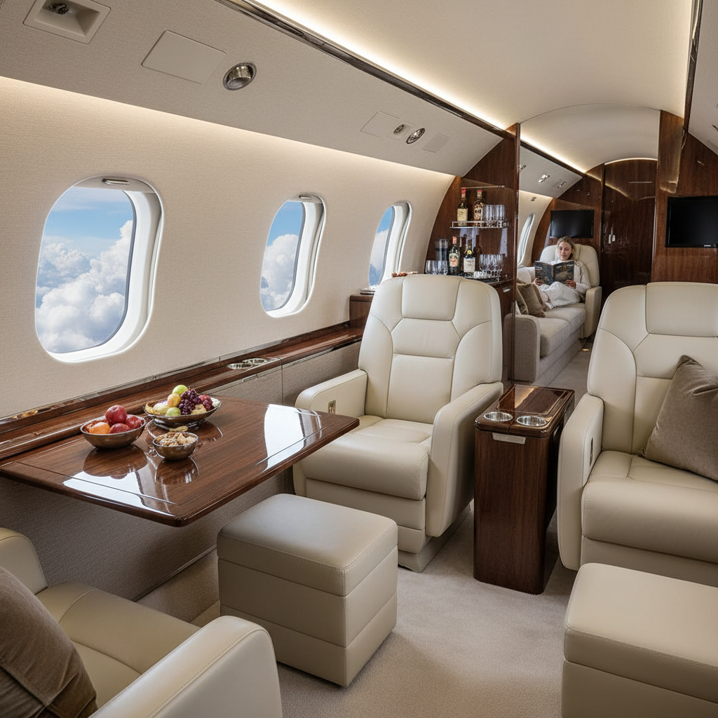Private jet cabin interior with plush seating and premium amenities