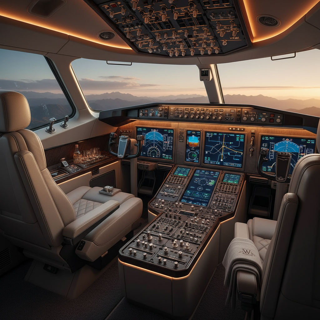 Closeup shot of the plane's cockpit revealing its luxury interior