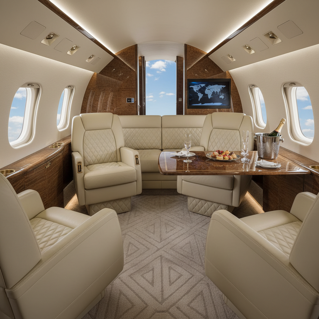 A high-end interior of a private jet, showing the opulence and comfort of private air travel, with a focus on luxurious leather seats and top-range amenities