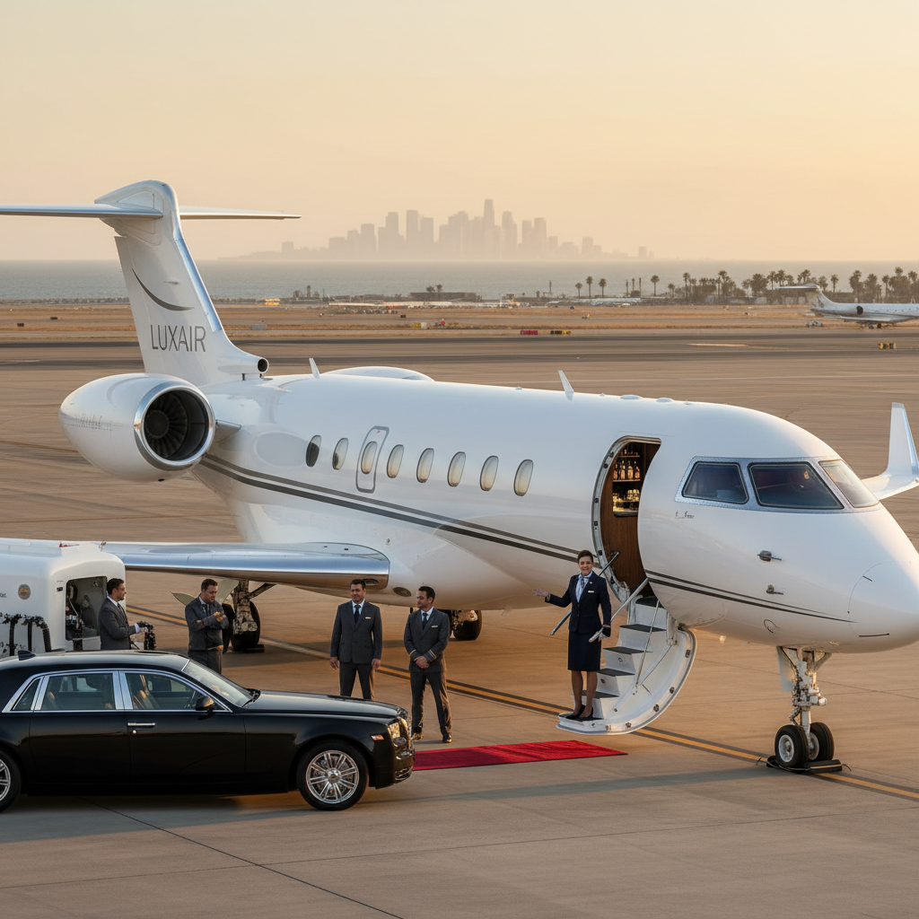 A luxurious private jet being readied for take-off on a pristine Los Angeles runway, with a crew ready to provide the highest levels of service.