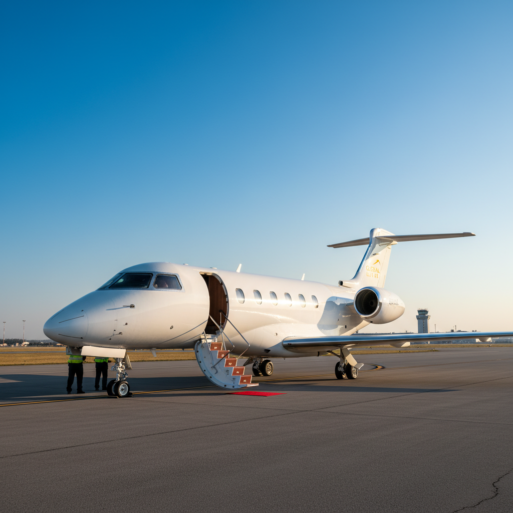 A private charter jet on the runway, ready for departure. The jet is sleek and luxurious with a white exterior and modern design. The backdrop features a clear sky, showcasing the jet's readiness for flight.