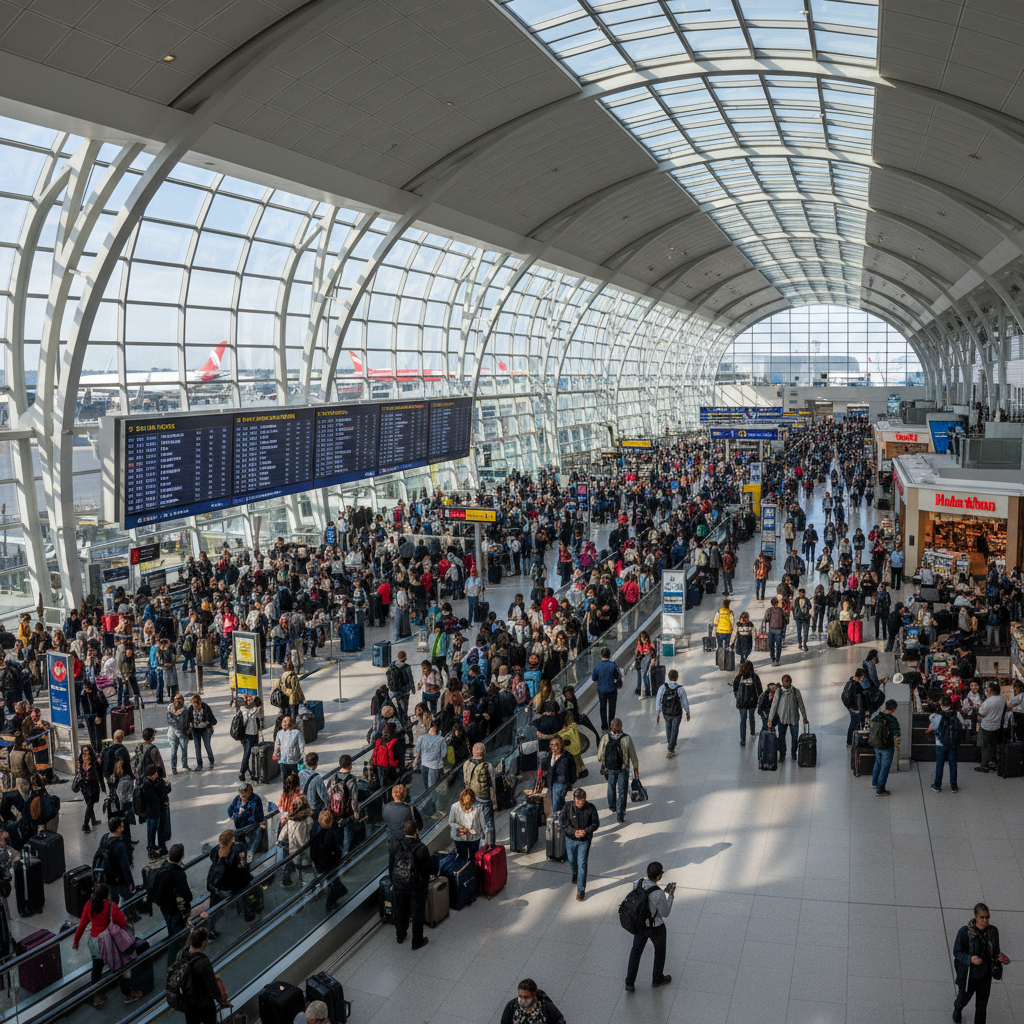A busy interior view of one of the major airports in New York, showcasing the hustle and bustle of travelers