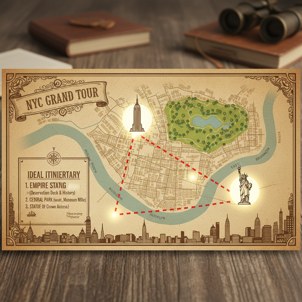 A map highlighting the major attractions of New York City - Empire State Building, Central Park, and the Statue of Liberty, creating an ideal travel itinerary