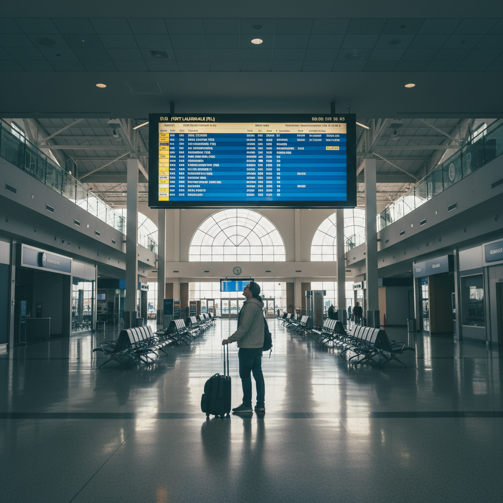 Lonely traveler with luggage standing in an empty airport terminal, looking at departure screen, symbolizing off-peak travel to Fort Lauderdale