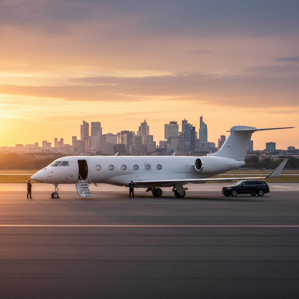 A private jet parked at airfield with Paris's skyscrapers as backdrop at sunset