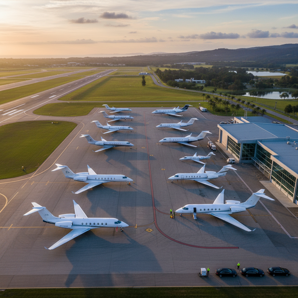 An aerial view of a small private airport during dawn, highlighting several private jets ready for departure. The image should focus on the exclusivity and accessibility of business fly charters, featuring a serene and efficient environment away from the crowded commercial terminals. The lighting should convey the sense of early morning calm and rising potential.