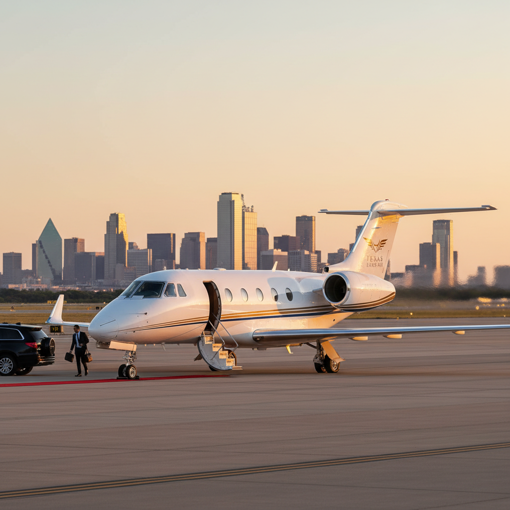A private charter jet on a runway in Dallas, ready for take-off, symbolizing the elegance and speed provided by the private jet charter services