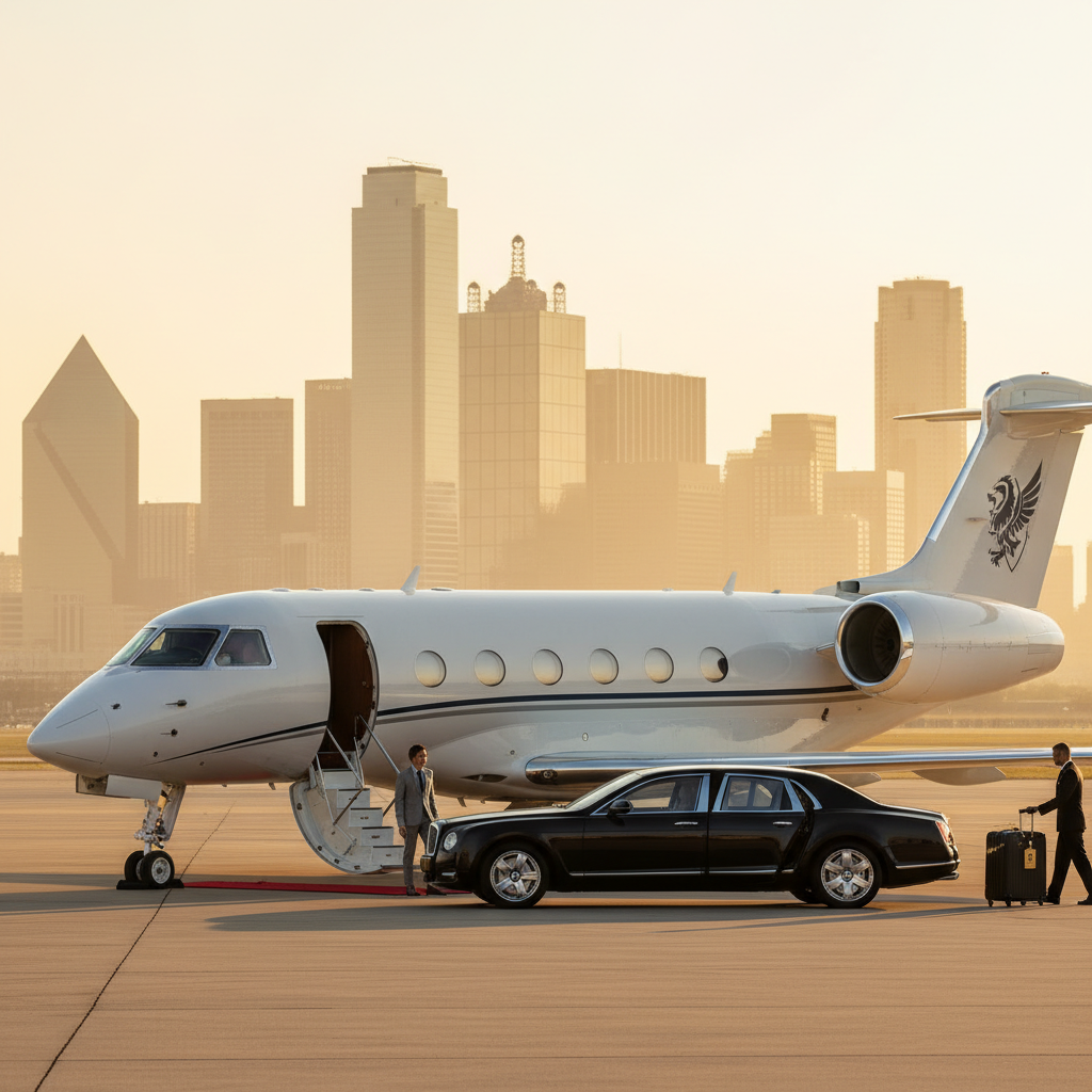 A private jet parked on the runway with the Dallas skyline in the background, representing luxury air travel