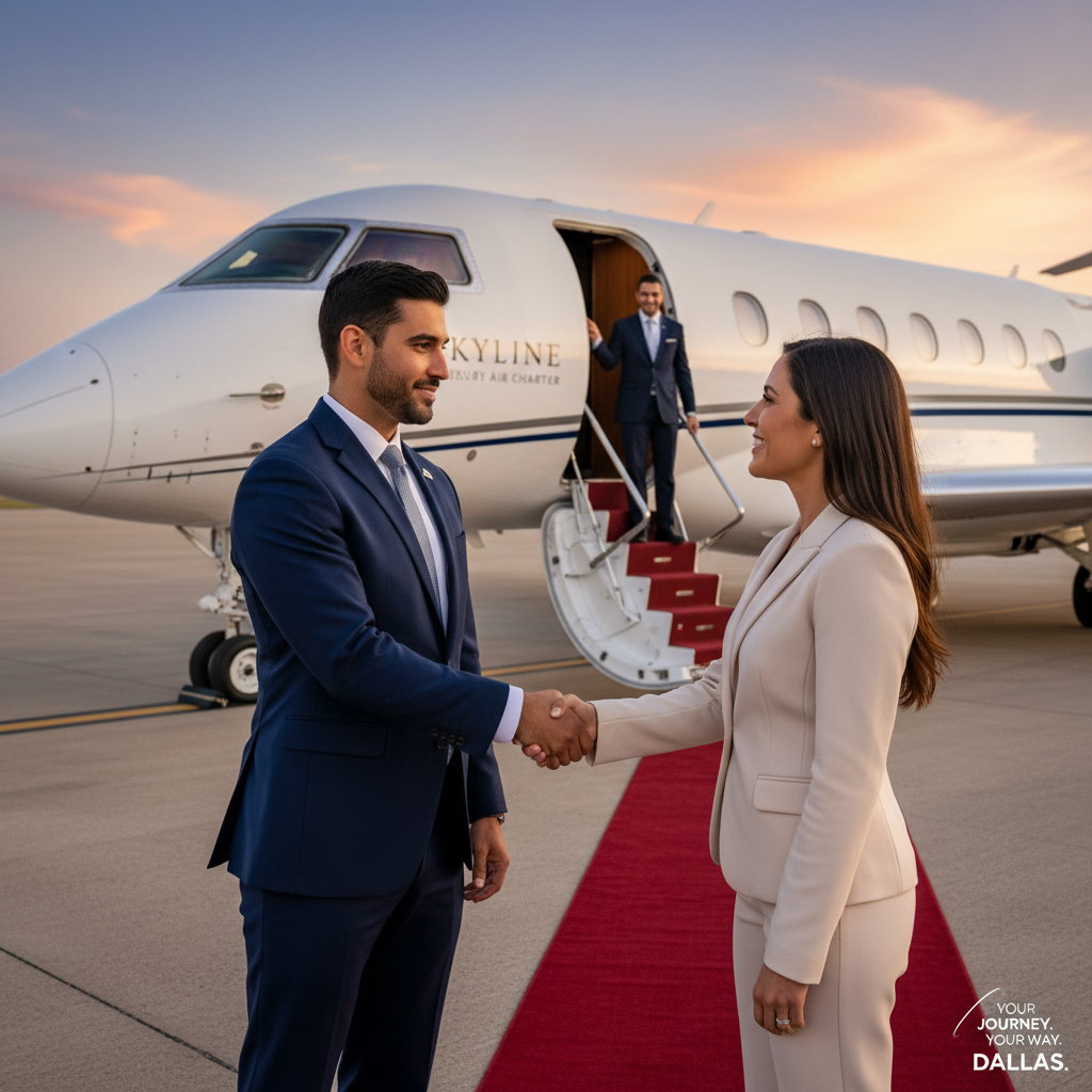 A professional charter company representative in Dallas shaking hands with a client in front of a private jet, expressing the idea of customized and superior customer service