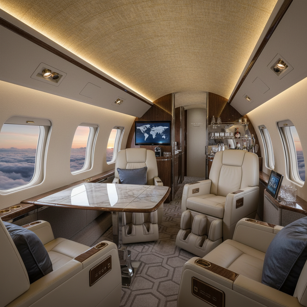 Interior shot of a luxurious cabin in a large private jet, showcasing its high-class amenities
