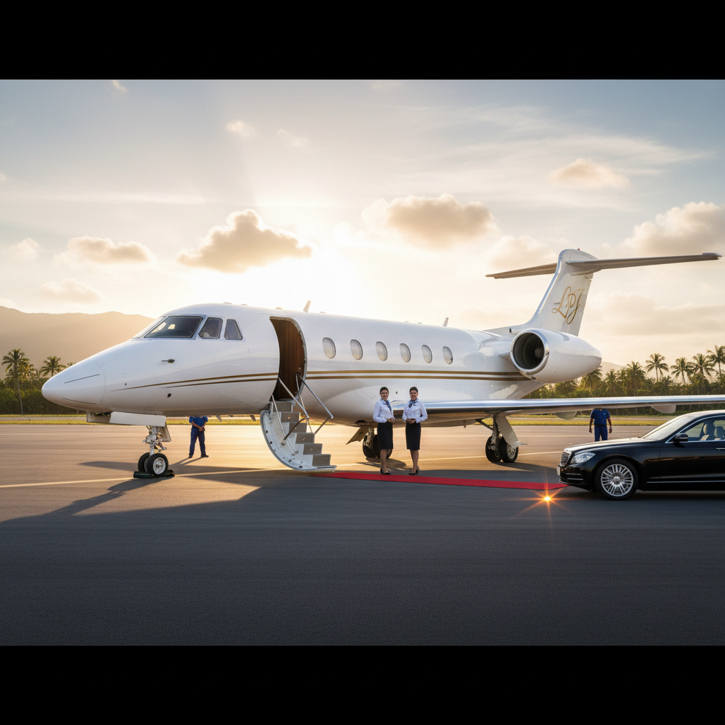 A luxury private jet parked on the runway, ready for boarding