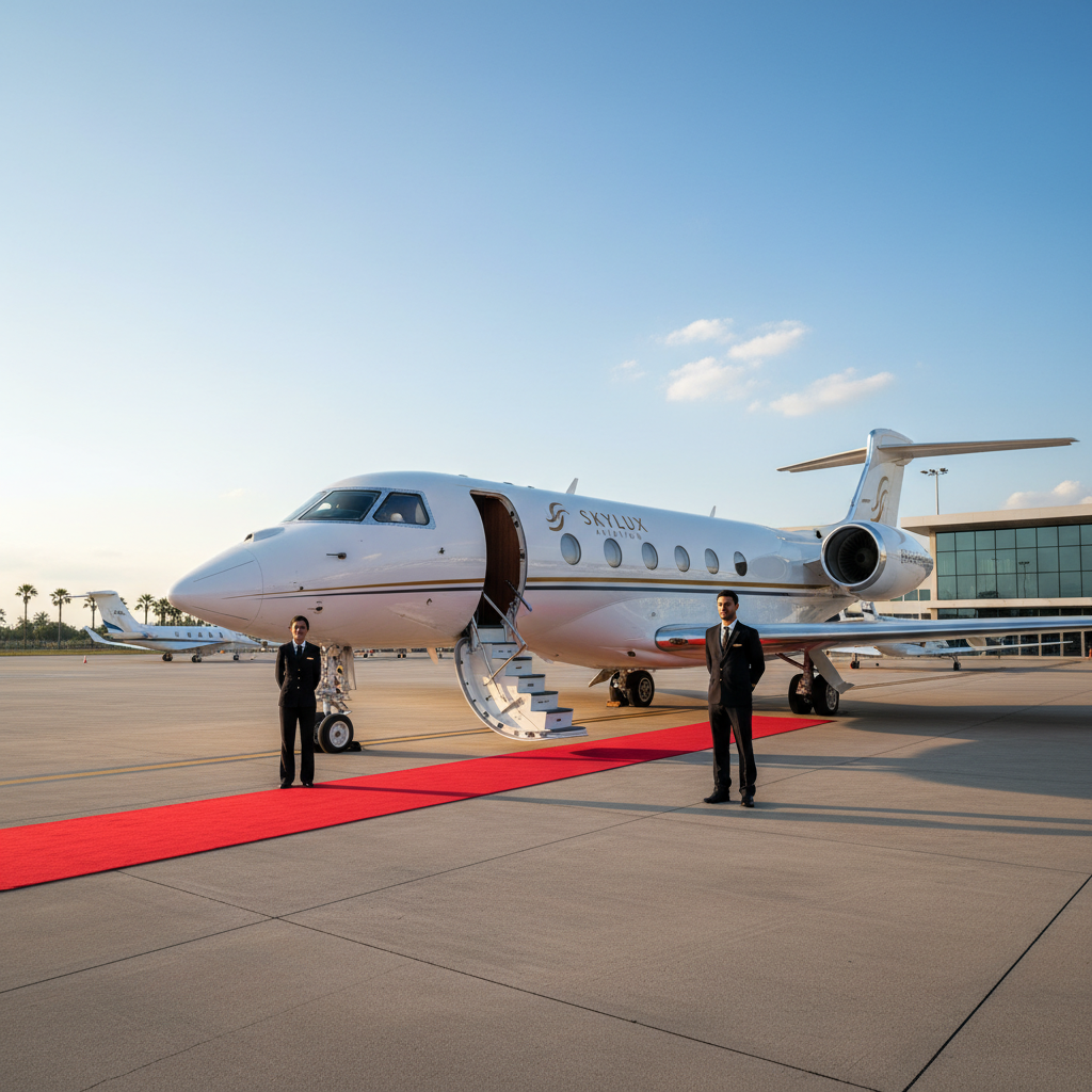 A private jet parked on a runway with a red carpet leading up to its stairs, showcasing the luxury and exclusivity of charter jet services.
