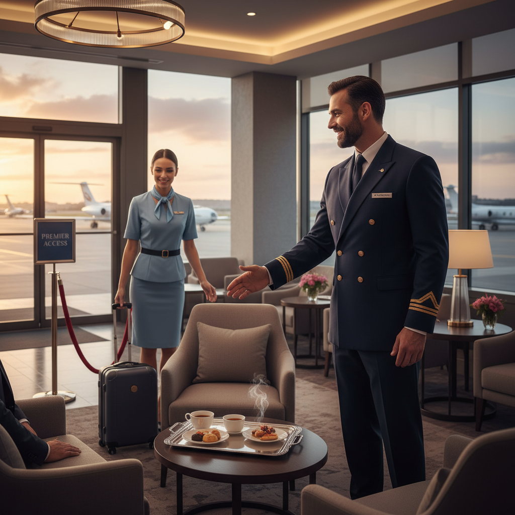 Customer service focused image showing a well-dressed concierge or flight attendant shaking hands with a client or assisting with a passenger's needs. The image should exhibit the idea of superior customer service, personal attention, and exclusiveness.