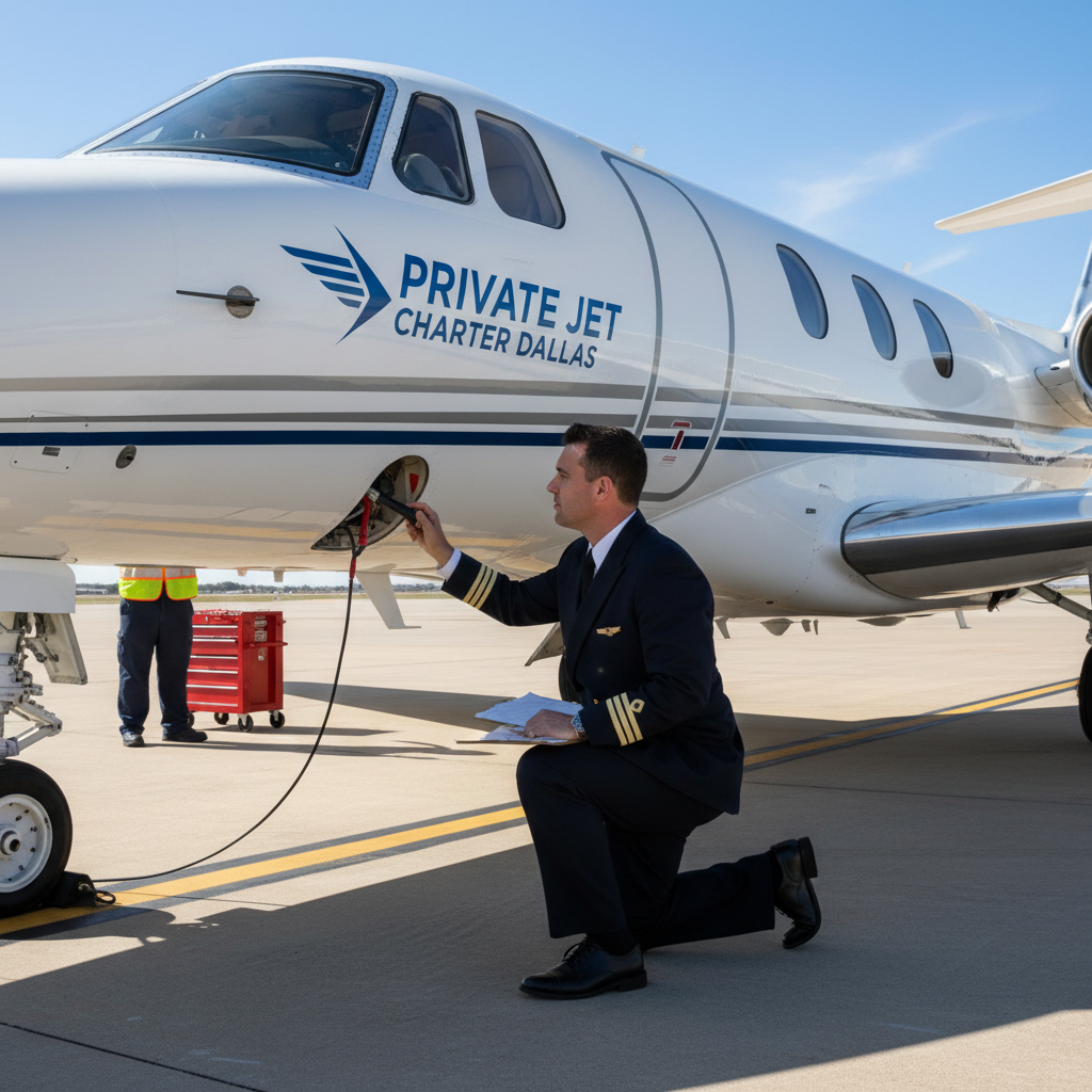 A pilot performing a pre-flight check on a private jet, illustrating the superior safety measures employed by private jet charter Dallas