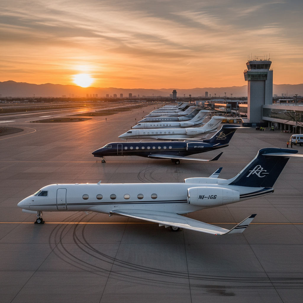 A variety of private jets lined up on a tarmac