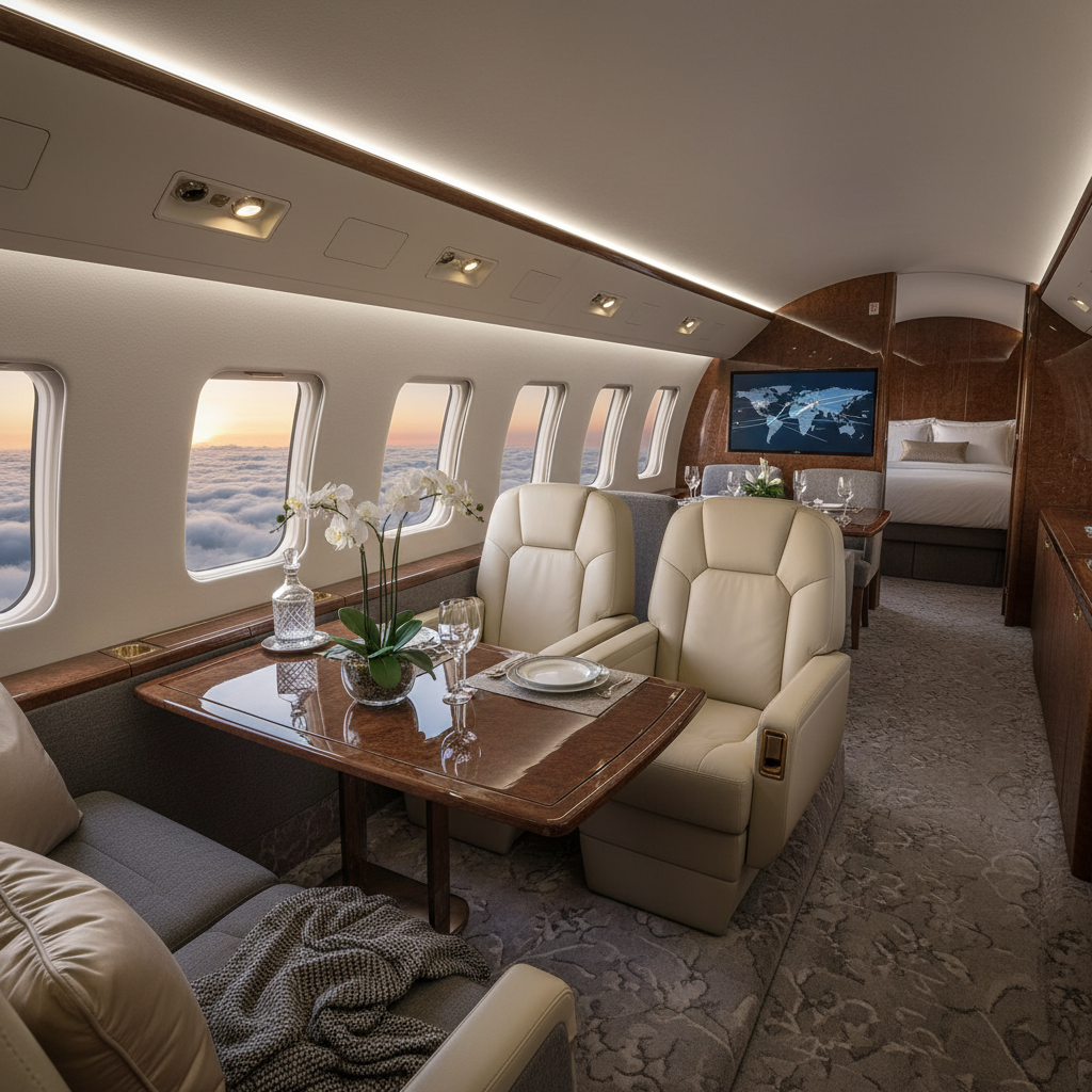 A private jet against a sunset backdrop, signifying luxury and high-end travel