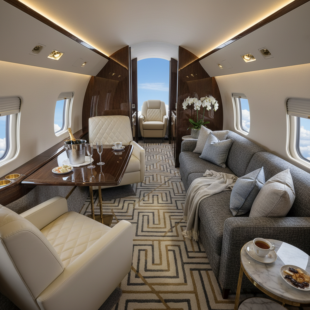 A top-down view of a tastefully decorated private jet interior that radiates comfort and exclusivity, emblematic of high-end travel.
