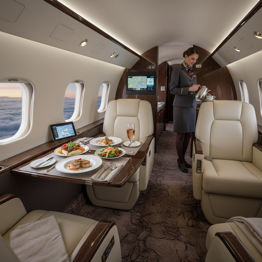  A picture taken from the interior of a luxury private jet, including details like spacious leather seats, an in-flight cuisine spread, and maybe a professional looking steward or stewardess. Could feature a combination of modern technology and timeless elements to emphasize the notion of luxury and high-quality service.