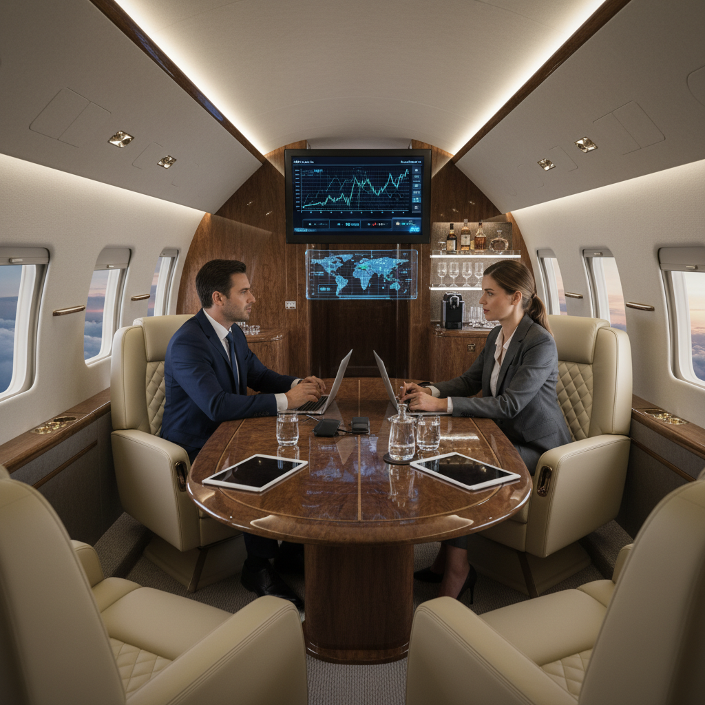 Private jet interior showcasing the plush seats, top-tier amenities and personalized services.