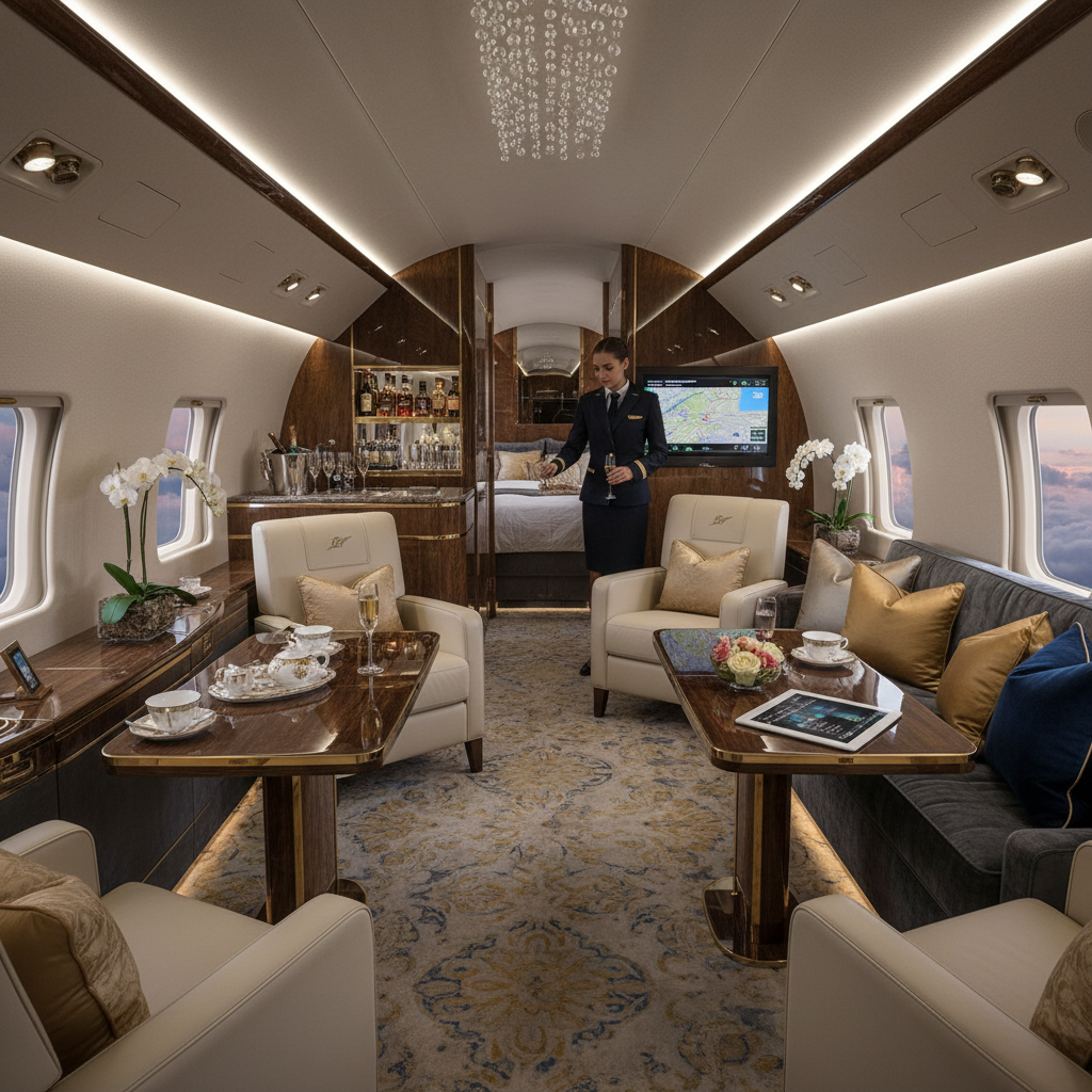 Luxurious interiors of a private jet with custom services